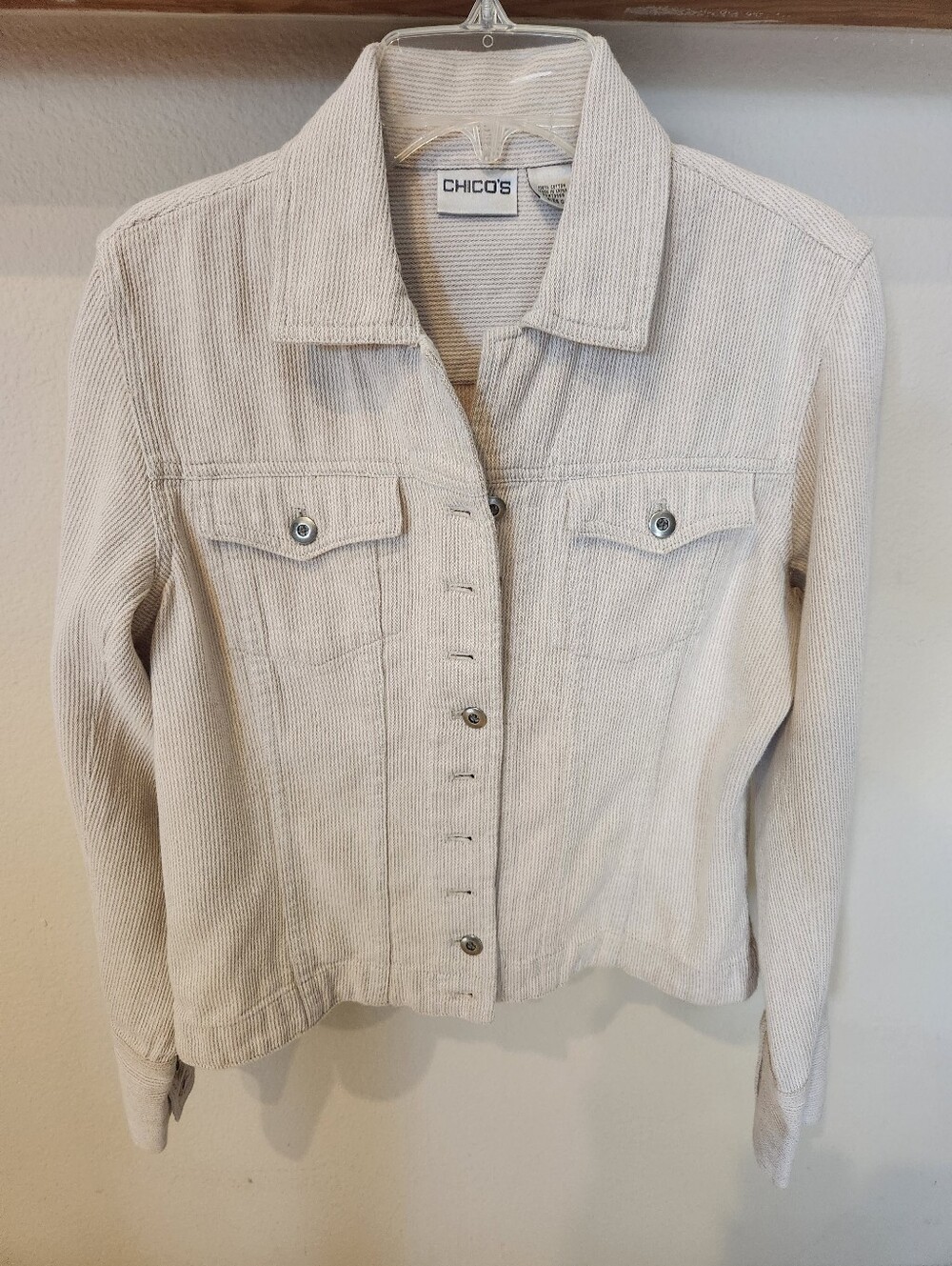 Chico's Cream Striped Button-Front Soft Cotton Denim Style Jacket